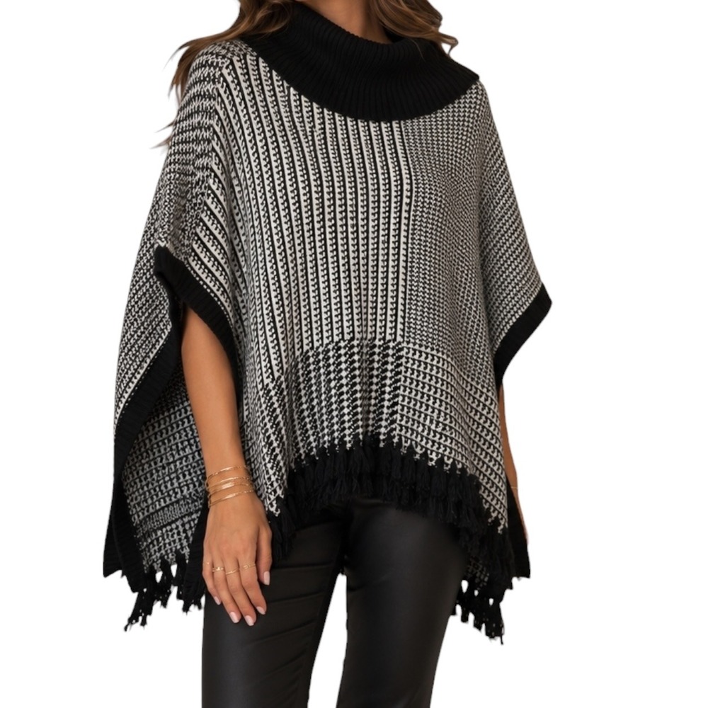 White House Black Market Mixed Houndstooth Fringe Knit Poncho Black White Medium